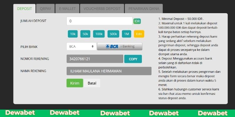 Hoàn thành biểu mẫu nạp tiền Dewabet thông qua ngân hàng chính chủ